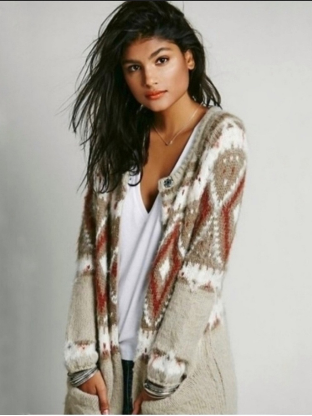 Free People Taupe & Rust Frosted Fair Isle Mohair Wool Sweater Coat Cardigan ~S